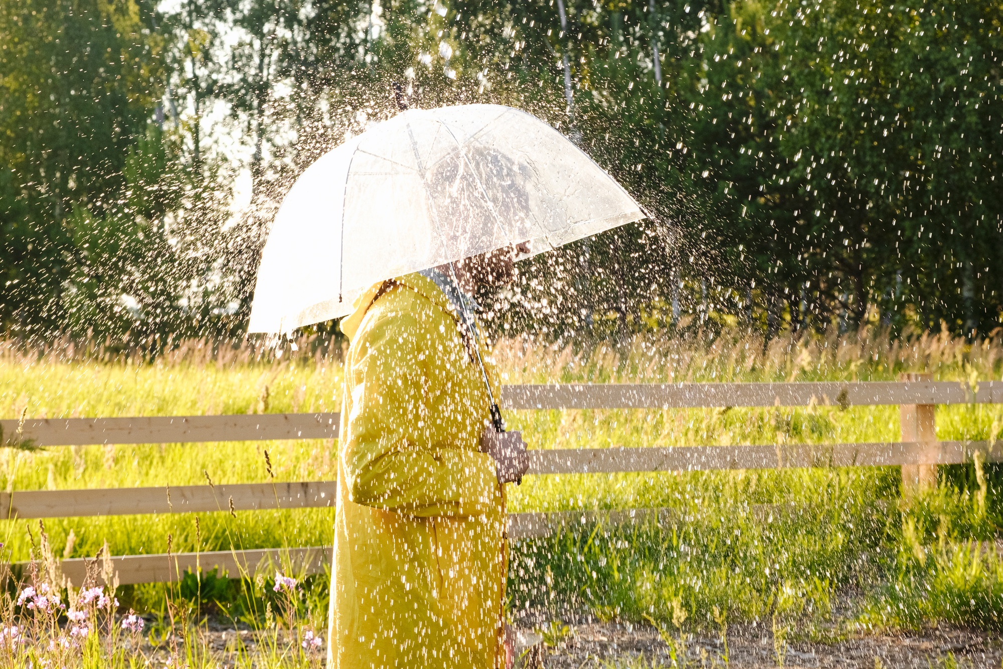 A man in a yellow raincoat in the rain. It's raining and the sun is shining