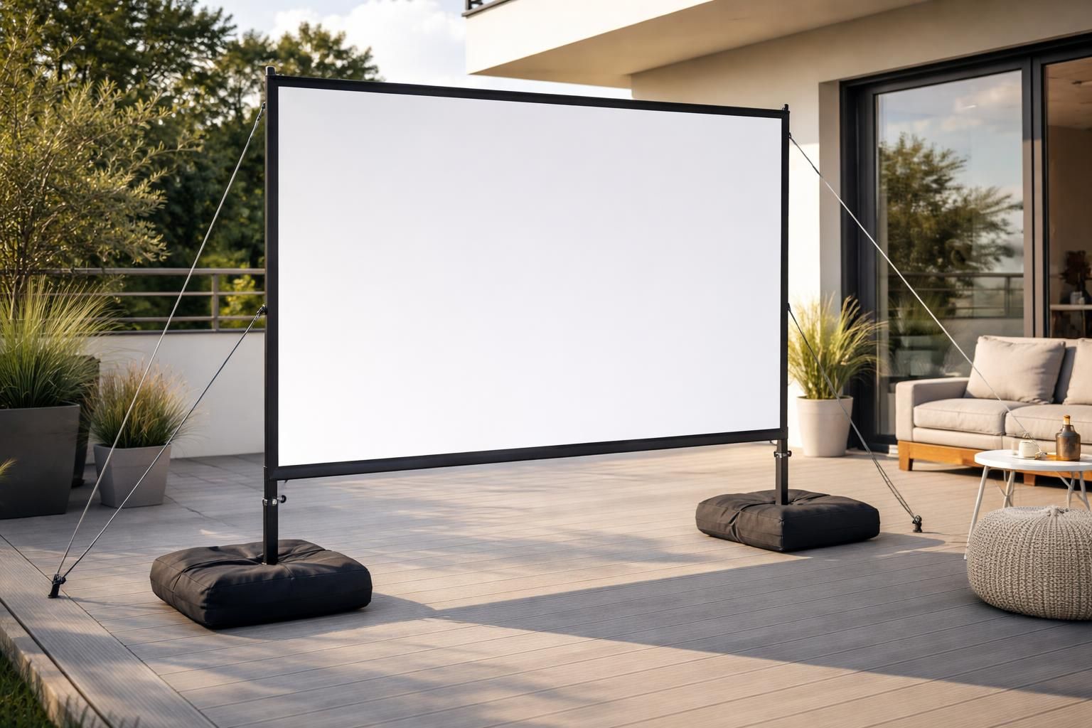 découvrez comment fixer un écran de projection sur votre terrasse sans percer : astuces pour le lester et le haubaner solidement et facilement.