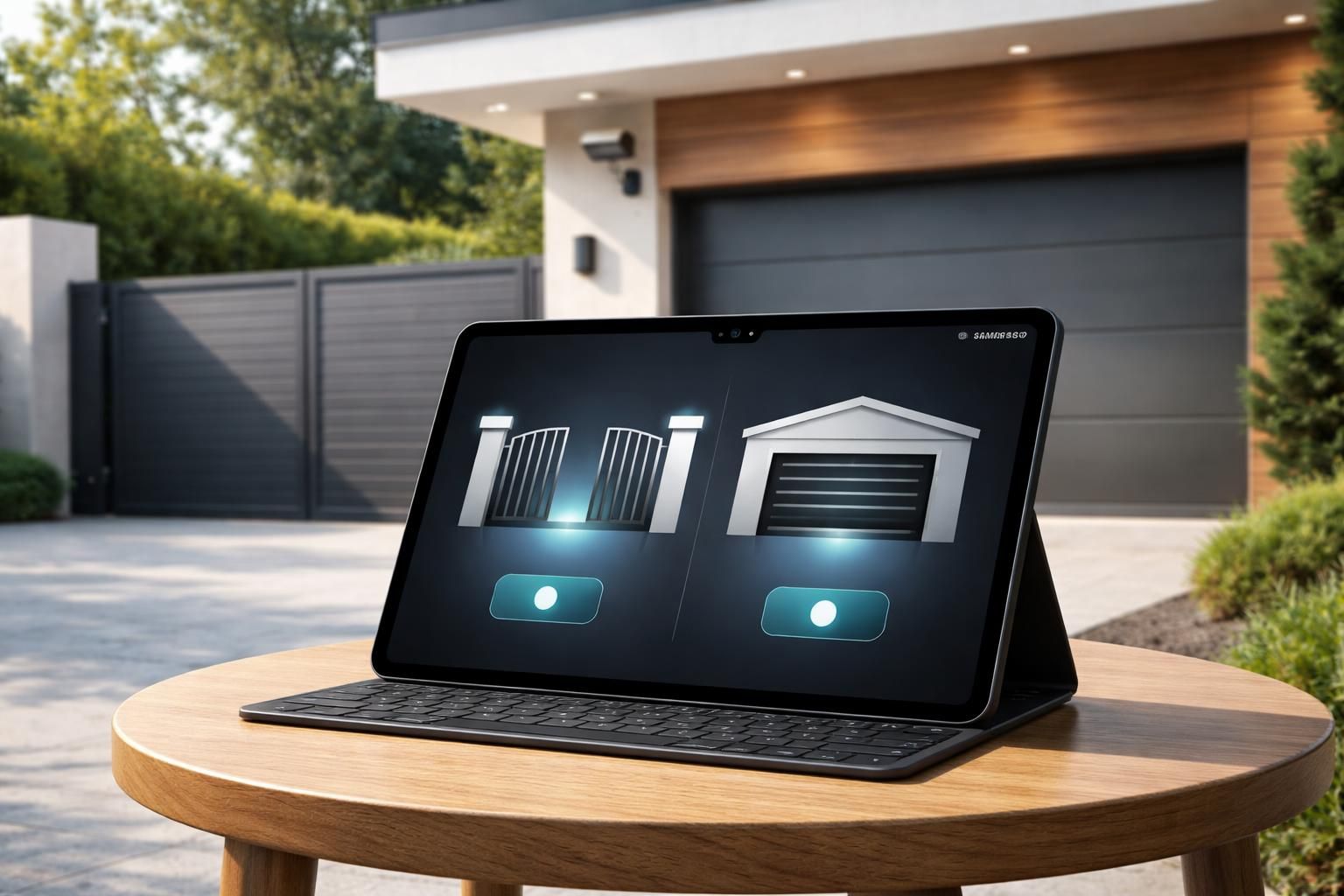 contrôlez votre portail et garage d'un simple bouton avec la tablette samsung, solution idéale pour une domotique sécurisée et pratique.