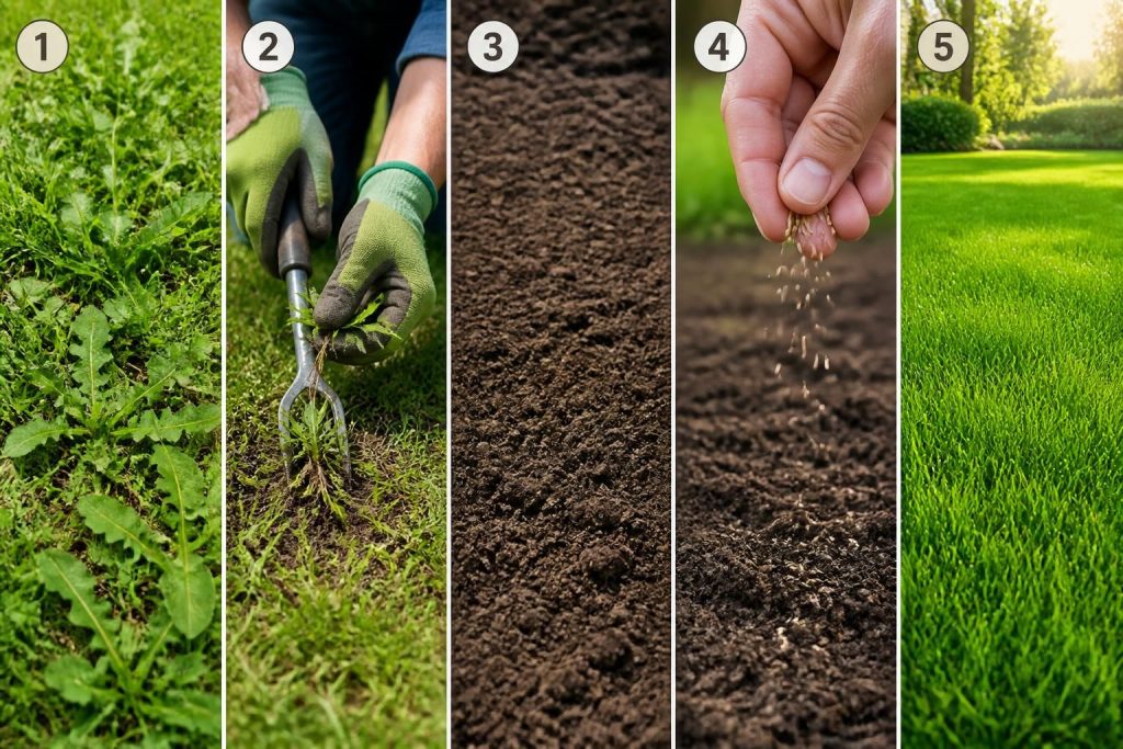 découvrez comment transformer une pelouse envahie de mauvaises herbes en un gazon vert et sain grâce à notre guide simple en 5 étapes faciles à suivre.