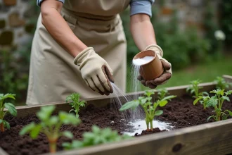 Jardinière répandant de la chaux calcaire sur un potager avec des plants de tomates et carottes dans un jardin européen