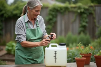 Femme dosant un herbicide concentré dans un pulvérisateur de 5 litres dans un jardin potager