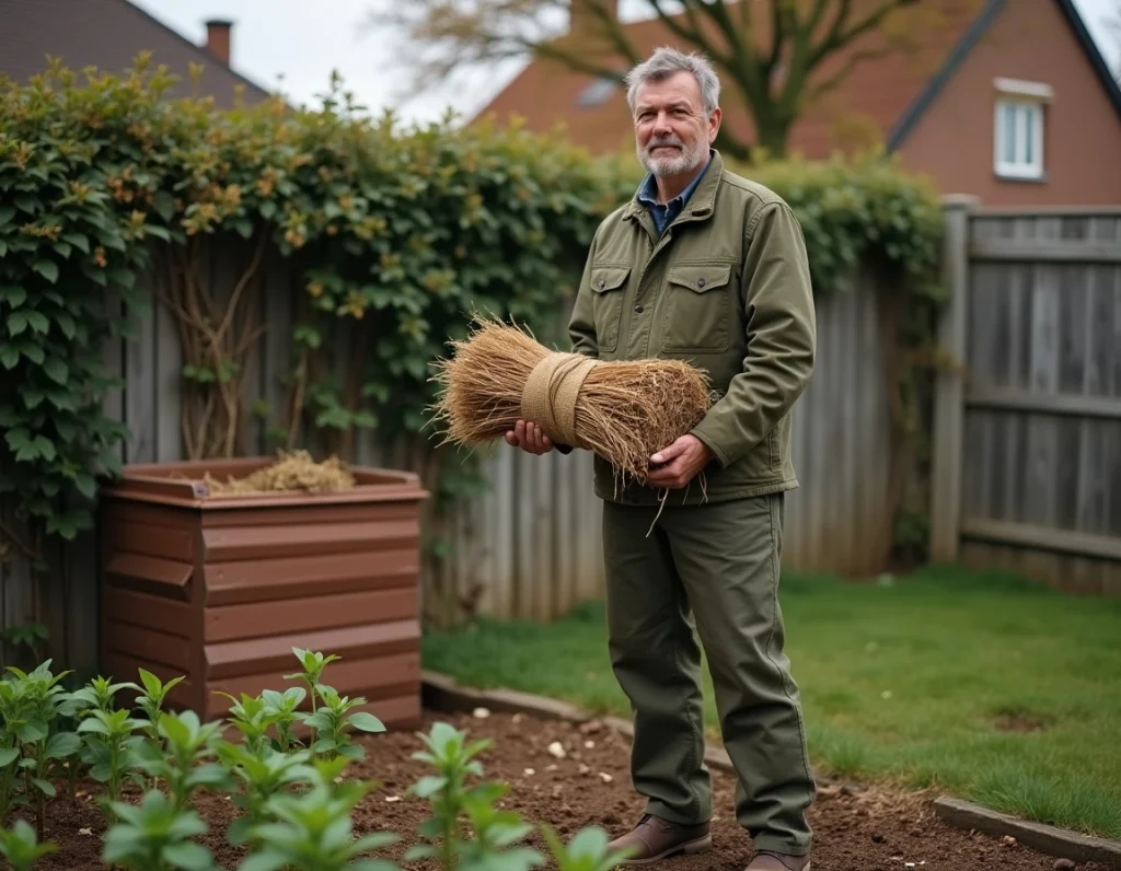 Jardinier tenant une botte de paillage prÃ¨s d'un carré de haricots verts dans un jardin potager suburbain en fin de saison