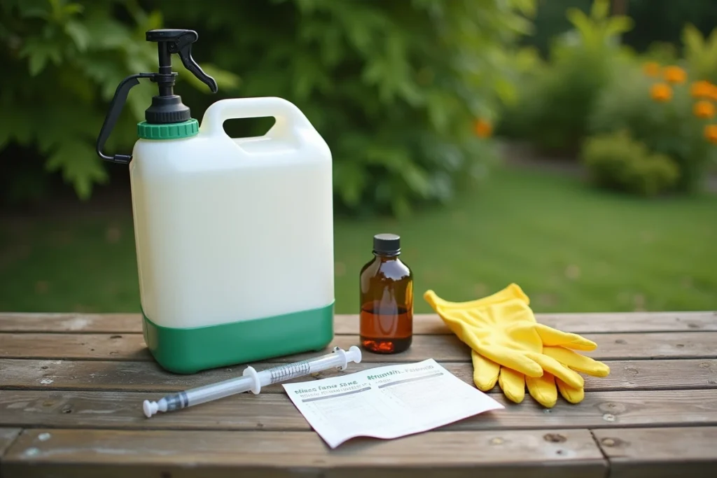 Vue de dessus du matériel de dosage Roundup pour 5 litres d'eau posé sur une table de jardin en bois