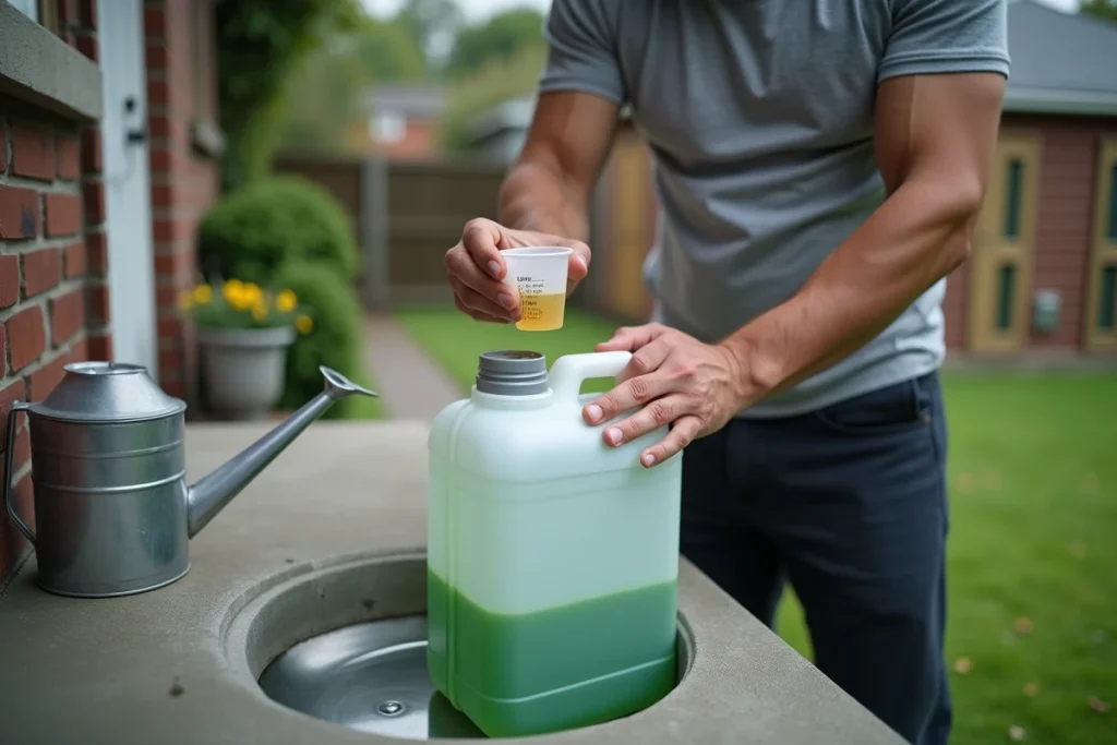 Homme mesurant précisément la dose de Roundup dans un gobelet gradué pour 5 litres d'eau
