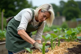 Femme jardiniÃ¨re Ã©talant du paillage de paille autour de jeunes plants de haricots verts dans un potager
