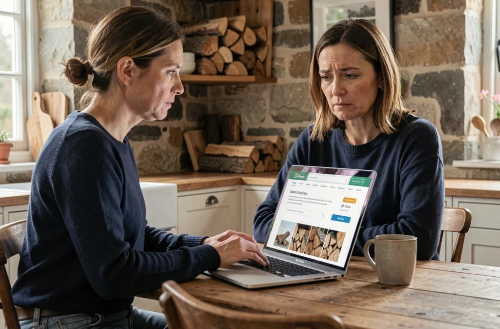 Femme recherchant du bois en stère à acheter en ligne sur un site e-commerce depuis sa cuisine