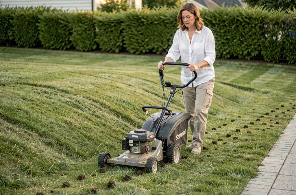 Femme utilisant un aérateur de gazon pour améliorer la résistance du sol à la sécheresse dans un jardin résidentiel