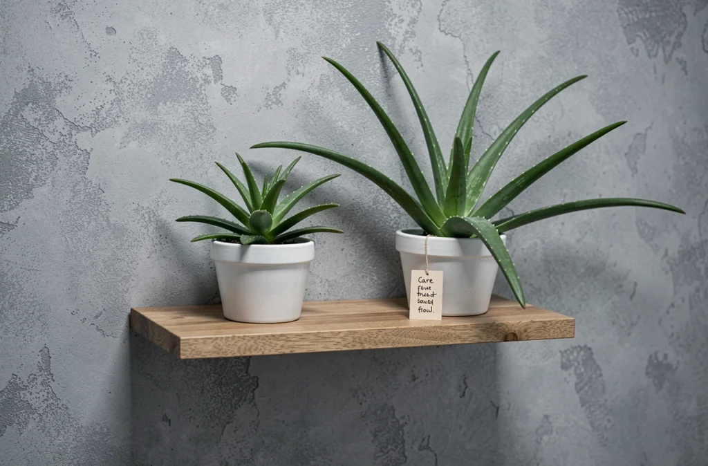 Deux aloe vera sur une étagère flottante en salle de bain moderne, plantes faciles d'entretien en petit espace