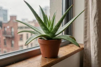 Aloe vera en pot de terre cuite sur un rebord de fenêtre d'appartement urbain, entretien facile en petit espace