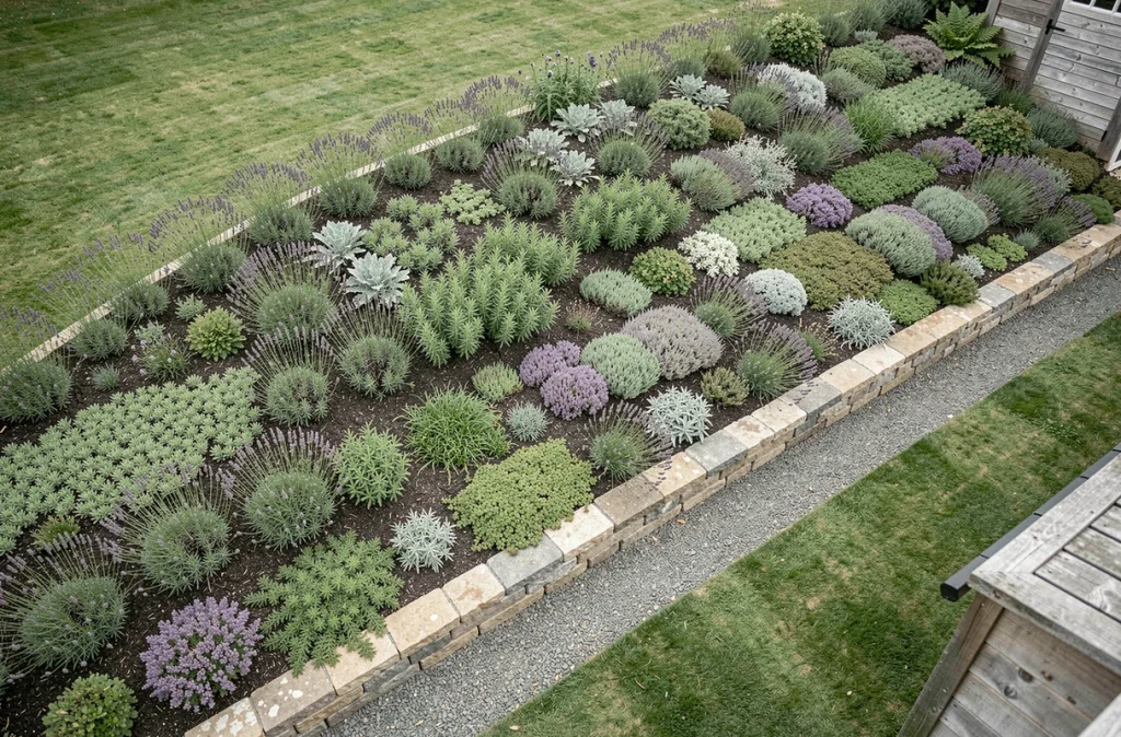 Vue aérienne d'un talus aménagé avec lavande, romarin et sedums pour sécuriser et végétaliser une pente de jardin