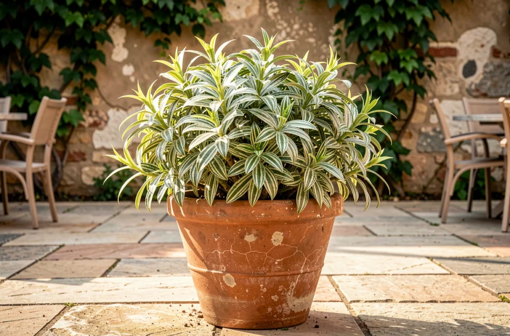 Arbre à crevette en pot sur une terrasse ensoleillée avec un feuillage panaché dense et compact après une taille printanière douce