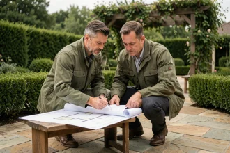 Architecte paysagiste professionnel examinant des plans d'aménagement extérieur sur une terrasse en pierre naturelle d'un jardin de prestige