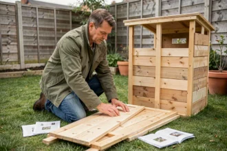 Homme assemblant un cabanon en bois de jardin acheté en grande surface dans son jardin suburban