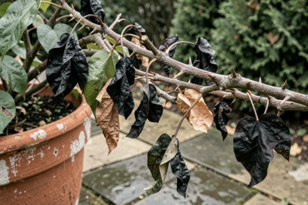 Feuilles de bougainvillier noircies sur des tiges ligneuses en hiver dans un pot en terre cuite sur une terrasse en pierre