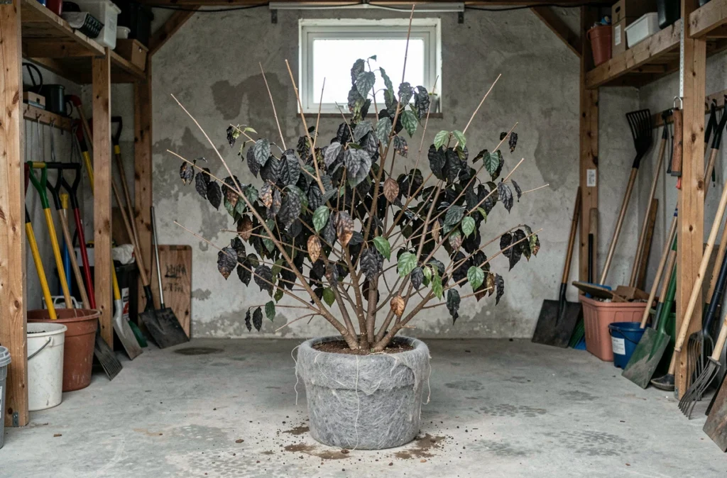 Bougainvillier en pot stocké dans un garage pendant l'hiver avec des feuilles noircies et des cannes ligneuses nues