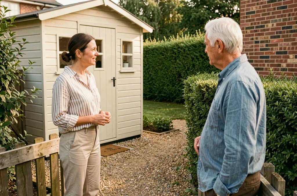 Femme discutant avec son voisin près d'un cabanon de jardin installé en limite de propriété