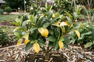 Citronnier en pleine terre au jardin avec des feuilles jaunes et vertes, signe de chlorose ou de carence nutritive