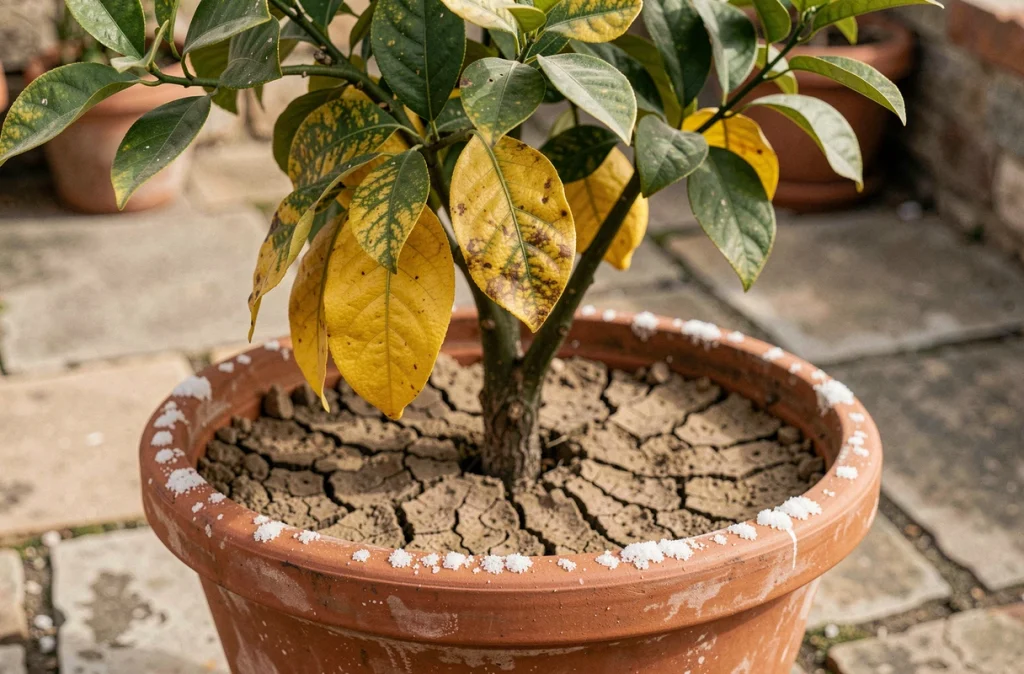 Citronnier en pot avec des feuilles qui jaunissent, dépôts de calcaire sur la poterie et sol asséché visible