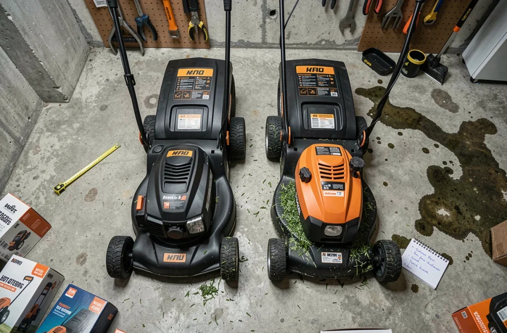 Comparaison de deux tondeuses à gazon sur batterie posées côte à côte dans un garage avec notes manuscrites