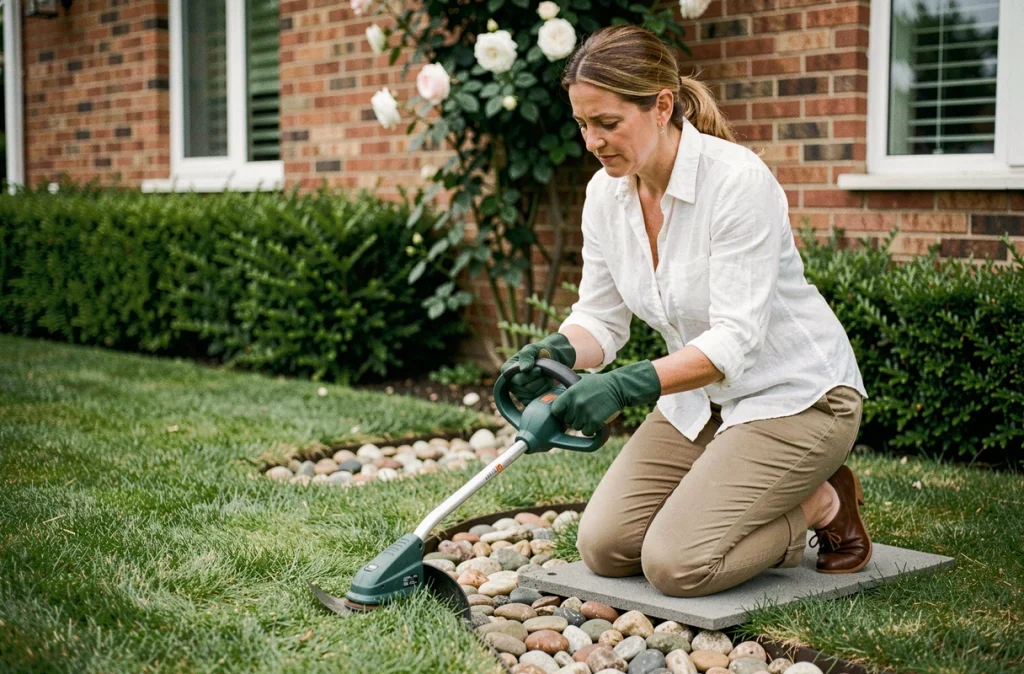 Femme utilisant un coupe-bordure électrique sans fil pour entretenir la lisière incurvée d'une pelouse de jardin