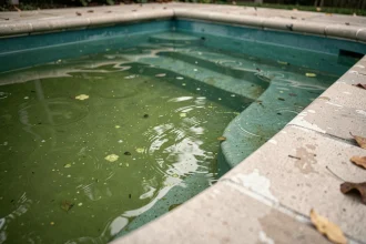 Eau de piscine verte et trouble malgré un traitement au chlore choc, avec des particules d'algues visibles en suspension à la surface