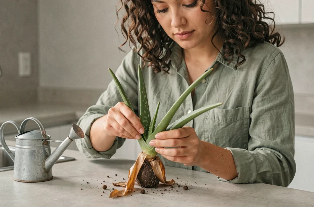 Femme entretenant une aloe vera dans une petite cuisine, suppression des feuilles sèches, entretien rapide et sans effort
