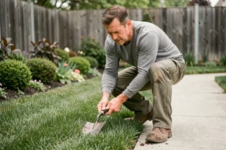 Homme entretenant une bordure de gazon avec une bêche tranche-gazon le long d'une allée de jardin au printemps