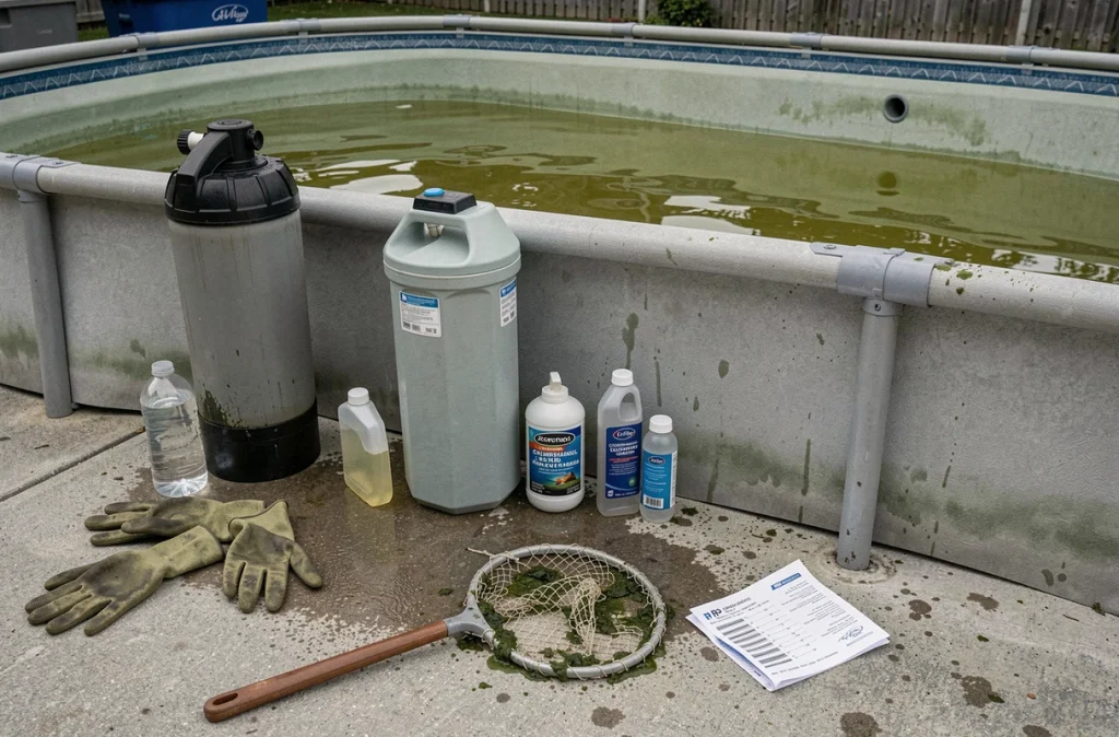 Équipements de traitement de piscine et bouteilles de chlore vides autour d'une piscine à eau verte persistante malgré plusieurs chocs chlore