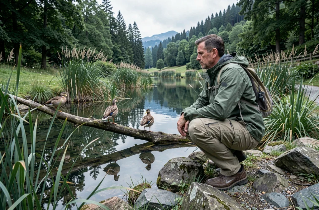 Homme observant des oiseaux aquatiques au bord d'un étang calme dans un parc naturel caché près d'Annecy