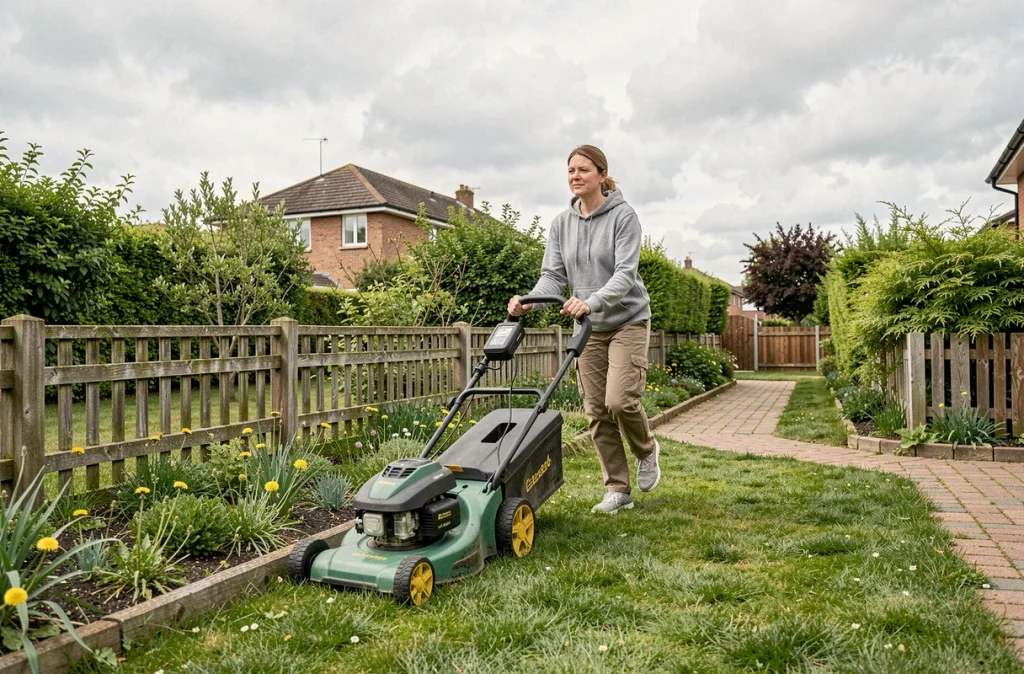 Femme utilisant une tondeuse à gazon sans fil dans un jardin de maison individuelle