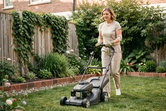 Femme utilisant une tondeuse électrique compacte sur une petite pelouse de jardin urbain