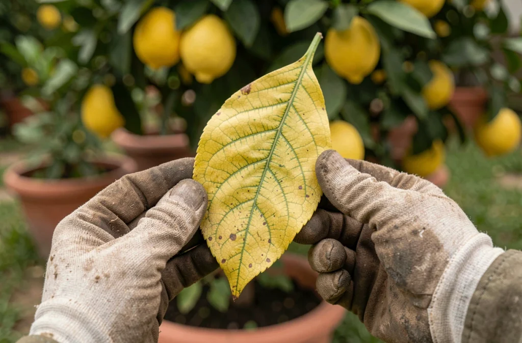 Gros plan sur une feuille jaune de citronnier tenue dans des mains gantées, montrant les veines vertes caractéristiques d'une carence en fer