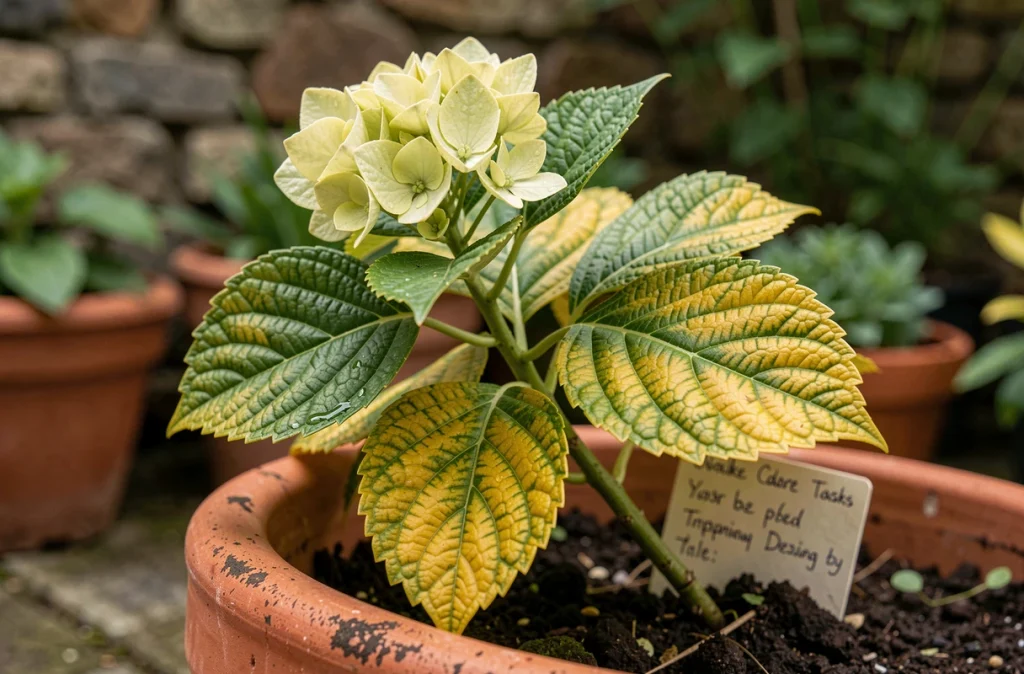 Feuilles d'hortensia jaunissantes avec chlorose interveineuse sur pot en terre cuite dans un jardin