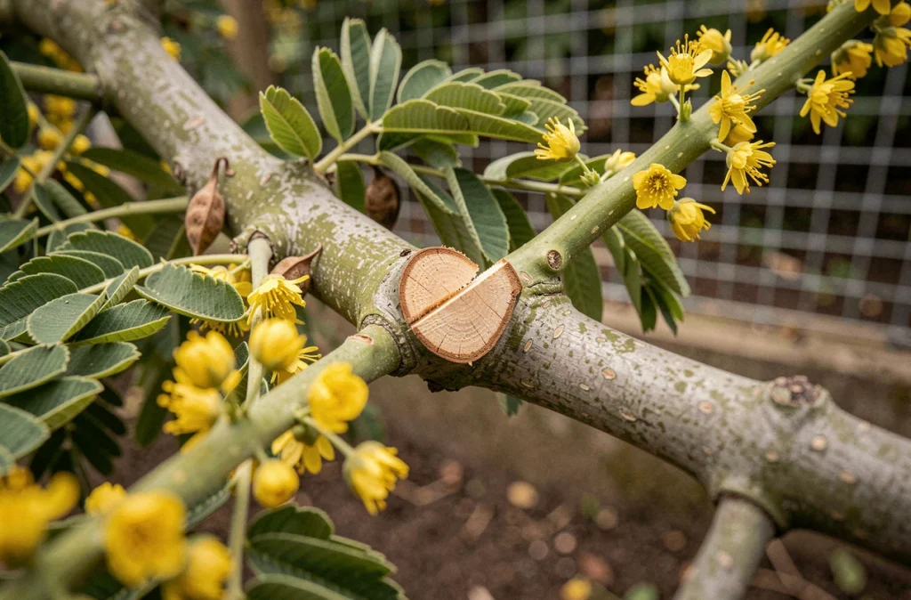 Gros plan sur des branches de mimosa fraîchement taillées montrant des coupes nettes au-dessus des nœuds foliaires