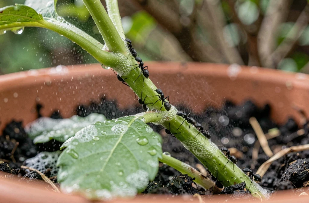 Gros plan sur des fourmis sur une tige de plante traitée avec une solution de savon noir en spray