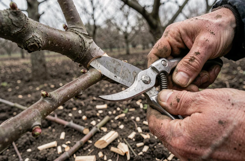 Gros plan de mains taillant un rameau de pêcher de vigne avec un sécateur professionnel