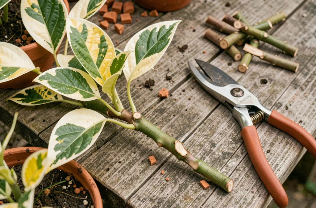 Gros plan sur les tiges taillées et les nouvelles feuilles panachées d'un arbre à crevette au printemps sur un établi de jardinage