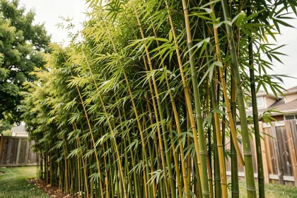 Haie brise-vue dense en bambou non traçant dans un jardin résidentiel avec vue en contre-plongée sur les chaumes verts