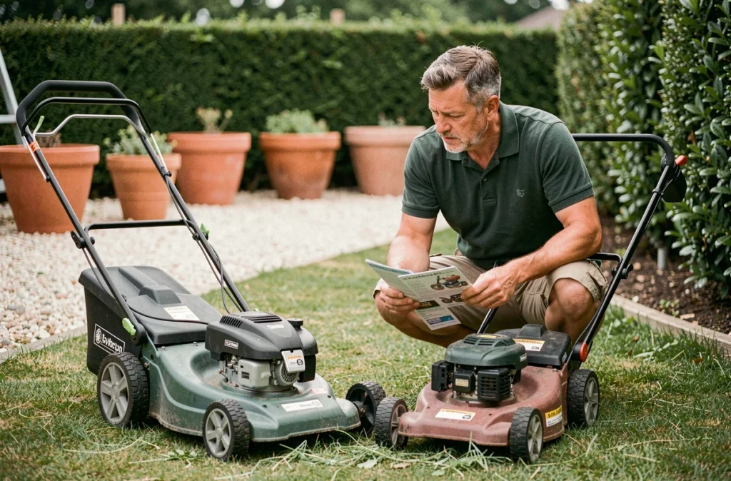 Homme comparant deux tondeuses compactes dans un magasin de jardinage en plein air