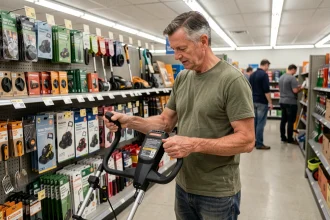 Homme d'une cinquantaine d'années comparant des tondeuses à gazon sur batterie dans un rayon de bricolage