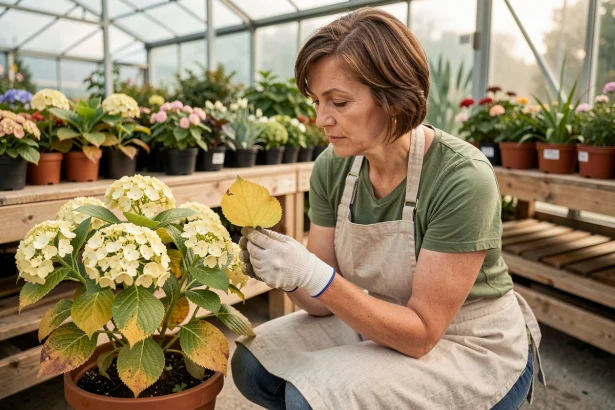 Horticultrice examinant les feuilles jaunissantes d'un hortensia en pot dans une pépinière
