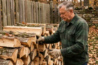 Homme inspectant une pile de bois de chauffage en stère dans un jardin rustique à la campagne