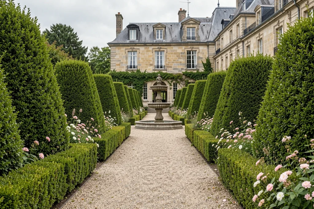 Jardin de prestige aménagé avec allée de topiaires taillés, fontaine en pierre et massifs fleuris devant une maison de maître française