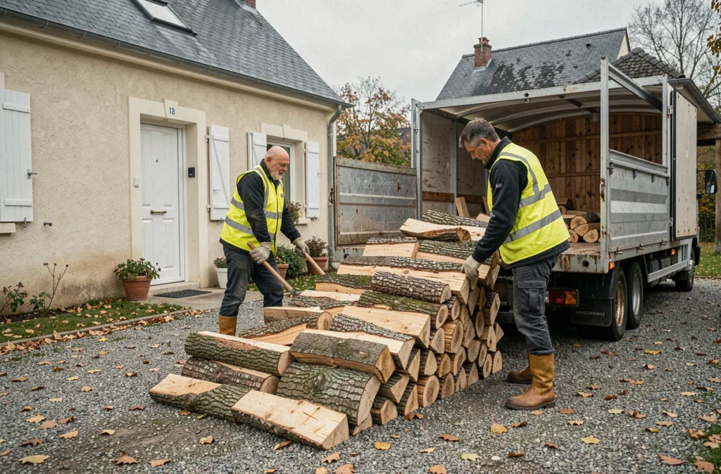 Livraison de bois de chauffage en stère depuis un camion dans une allée de maison en banlieue