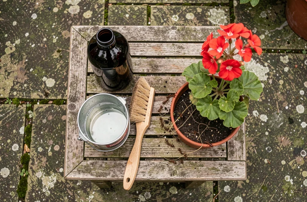 Matériel de traitement au savon noir contre les fourmis posé sur une table de jardin en bois avec une plante de géranium