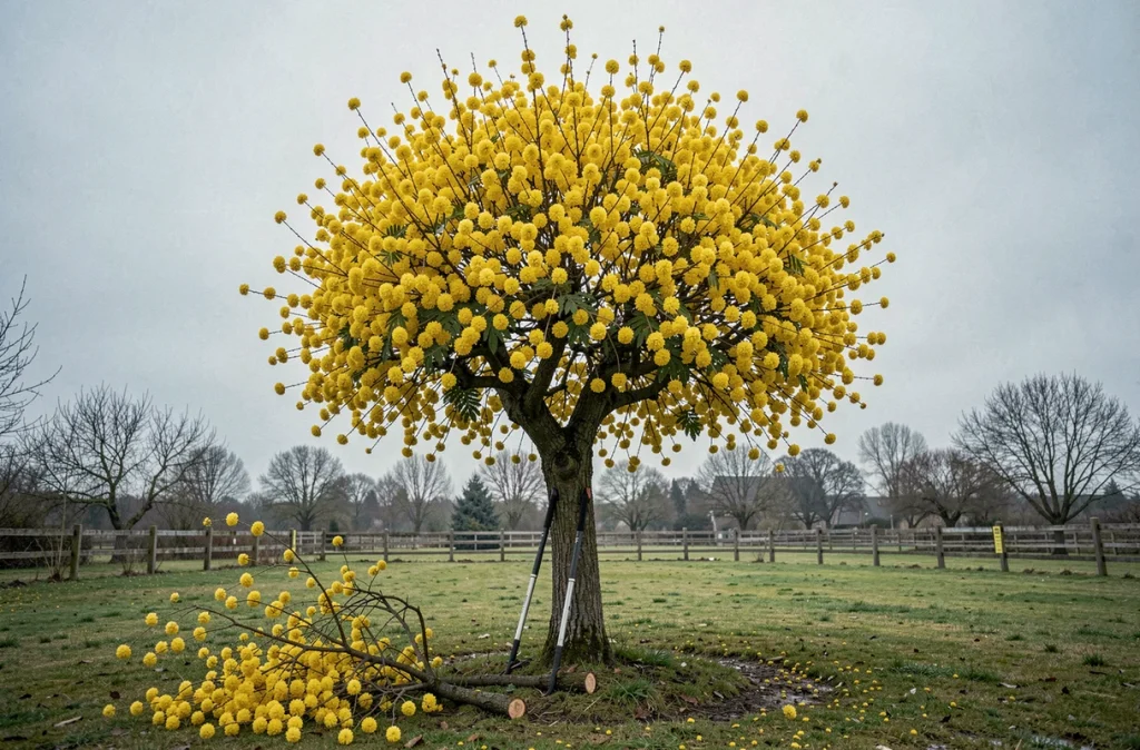 Mimosa isolé en fleurs au printemps avec des branches taillées au sol dans un jardin rural français