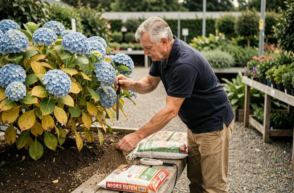 Pépiniériste appliquant un amendement de sol pour traiter le jaunissement des feuilles d'hortensia