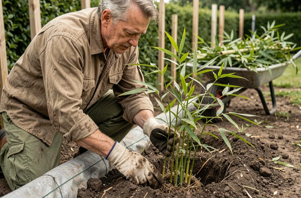 Jardinier plantant un bambou non traçant avec une barrière anti-rhizome dans une tranchée de jardin