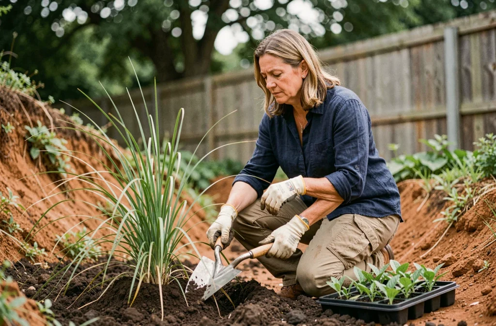 Femme en train de planter des graminées ornementales sur un talus de jardin pour le stabiliser et l'aménager